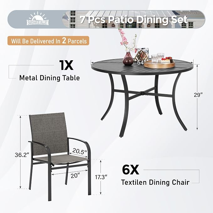 SUNSHINE VALLEY 7 Piece Outdoor Dining Set for 6, 54" Round Metal Table with Umbrella Hole, 6 Brown Dining Chairs, Patio Table and Chairs Set for Backyard Lawn
