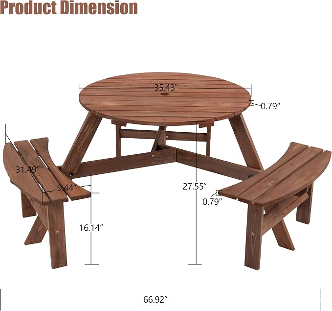 35.43'' Round Outdoor Dining Table Wooden Patio Dining Table & 3 Curved Built-in Bench for 6, 2" Umbrella Hole, Suitable for Backyard Garden Porch, Brown