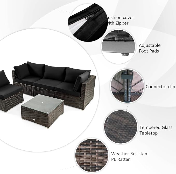 Tangkula 6-Piece Patio Furniture Set with 42 Inches Propane Fire Pit Table, Outdoor Wicker Conversation Set with Cushions and Tempered Glass Coffee Table, 50,000 BTU Gas Fire Pit Table (Black)
