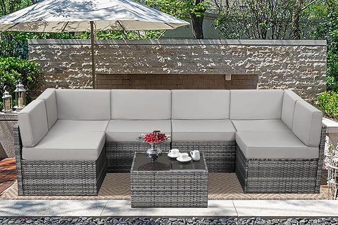 U-MAX 7 Piece Outdoor Patio Furniture Set, PE Rattan Outdoor Wicker Sectional Furniture Chair Set with Cushions and Tea Table, Grey Rattan and Grey Cushion