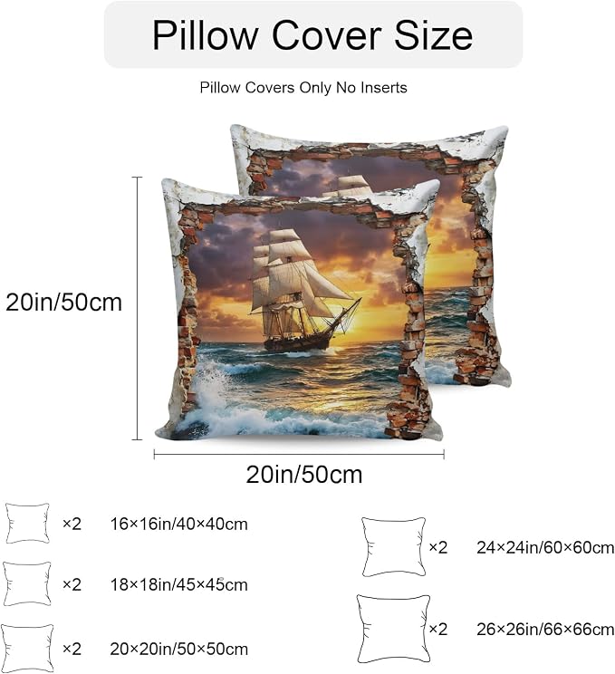 Coastal Nautical Outdoor Pillow Covers 18x18 Inch Throw Pillow Covers Set of 2 Waterproof Decorative Pillow Cases Summer Beach Vintage Ship Sail Cushion Covers for Patio Furniture Garden Couch Sofa
