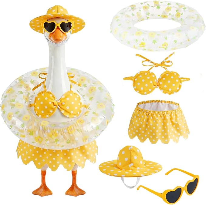 23 Inch Porch Goose Summer Hawaiian Bikini Outfit, Lawn Goose Costume with Swim Ring, Sunglasses Sun Hat, Fits Cement & Plastic Goose Statue, Front Yard Patio Lawn Decor