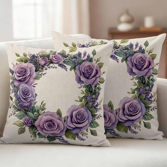 Spring Flower Outdoor Waterproof Throw Pillow Covers Set of 2, 16"x16", Purple Rose Wreath Blooming Floral Retro Decorative Pillow Covers Outside Cushion Case for Patio Porch Garden