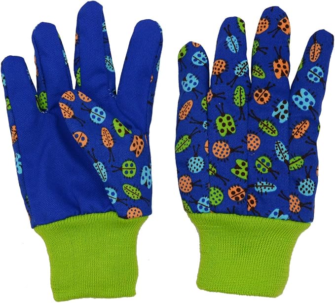 HANDLANDY 2 Pairs Kids Gardening Gloves, Cotton Kids Work Gloves, Green, S | Girls Boys Children Garden Yard Work Play Cycling Gloves with Knit Wrist, Cute Pattern, Gift