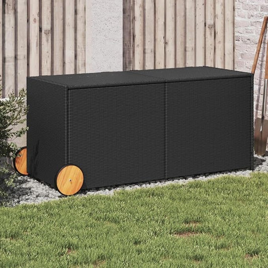Wicker Outdoor Deck Box with Wheels, 74.8 Gal Outdoor Storage Box with Lid, PE Rattan Storage Container for Pillows, Cushions, Gardening Tools, 50"x21.7"x22"/23.4" Black