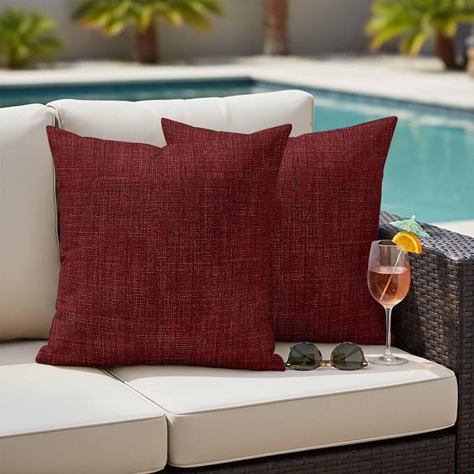 Outdoor Waterproof Throw Pillow Covers Set of 2 Wine Red Linen Pillowcases 26x26 Inches Farmhouse Pure Color Decorative Pillows Cushion Case Patio Pillows for Couch Bed Chair Garden