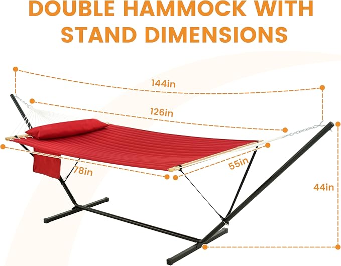 Lazy Daze Hammocks 2 Person Portable Hammock with 12FT Stand for Outside, 10.5FT Quilted Double Hammock with Spreader Bar and Detachable Pillow, 450lbs Capacity for Outdoor Patio, Burgundy