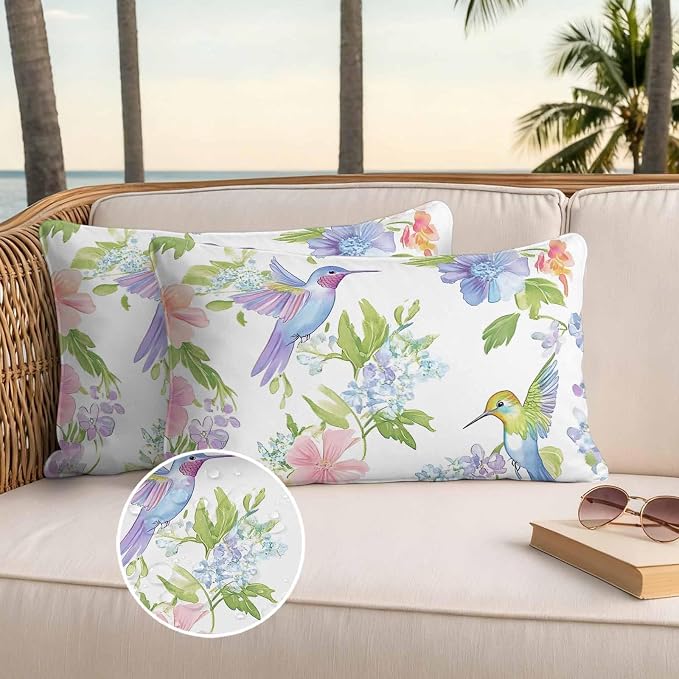 Spring Hummingbird Outdoor Waterproof Throw Pillow Covers Set of 2, 20"x12", Colorful Birds Floral Decorative Pillow Covers Outside Cushion Case for Patio Porch Garden