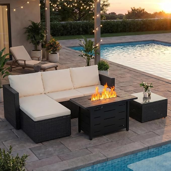 JAMFLY 4-Piece Patio Furniture Set with 43" Propane Fire Pit Table, Beige | All-Weather PE Wicker Sectional Sofa, Outdoor Conversation Set for Garden, Backyard & Deck
