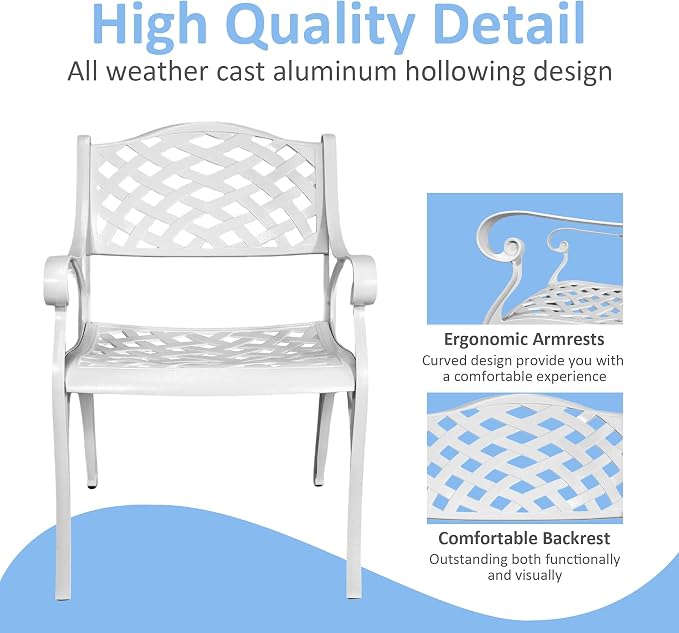 Patio Dinning Set Weather Resistant Cast Aluminum Patio Furniture Set with Umbrella Hole, Bistro Dining Set for Garden (42" x 42" Table D and 4 Chairs White, 5 Pieces)