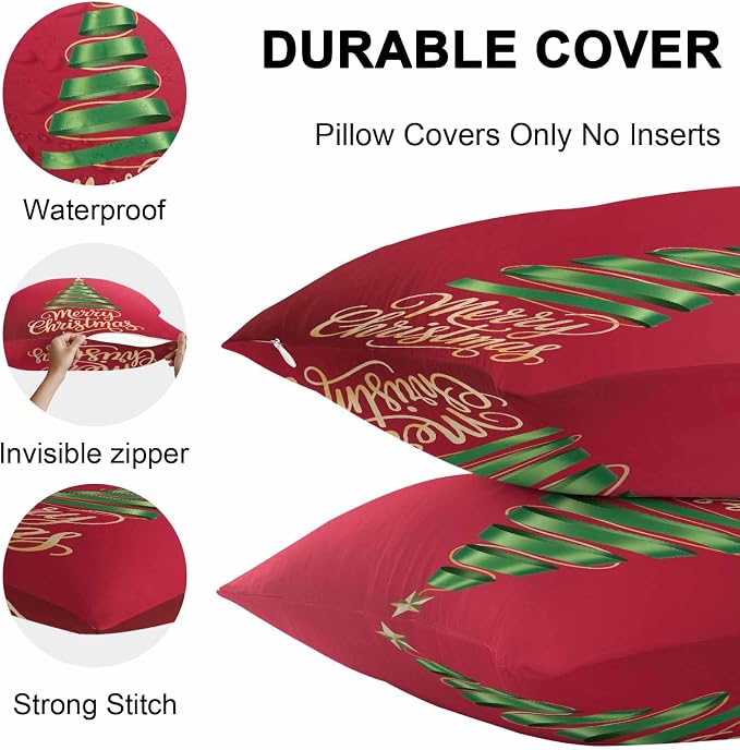 Red Christmas Tree Outdoor Pillow Covers 26 x 26 Inches, Green Xmas Tree with Star Waterproof Throw Pillow Cover Set of 2, Christmas Red Decorative Square Cushion Covers for Patio/Couch/Garden