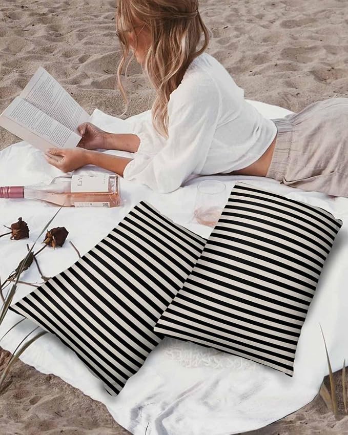 Outdoor Waterproof Throw Pillow Covers Set of 2 Black Stripes Lumbar Pillowcases 20x12 Inches Linen Classic Vertical Striped Patio Decorative Pillows Cushion Case Patio Pillows for Couch Bed Garden