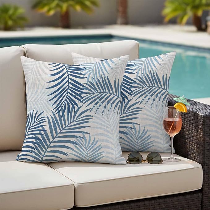 Outdoor Waterproof Throw Pillow Covers, Blue Grey Palm Leaves Decorative Pillow Cases, Summer Botanical Tropical Leaf Couch Pillow Protector Patio Sofa Cushion Covers Replacement 26"x26" 2 Pack