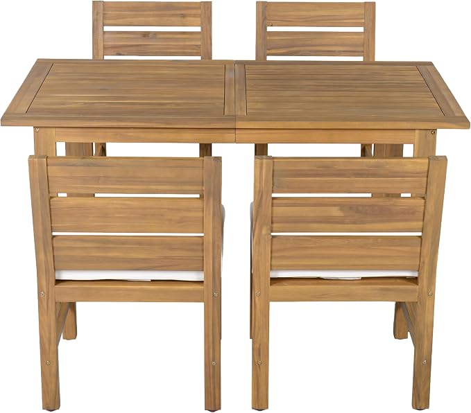 5-Piece Outdoor Patio Dining Set for 4, Solid Acacia Wood Table with Rope Woven Chairs, Farmhouse Style for Garden Backyard Poolside (Beige,Natural 2)