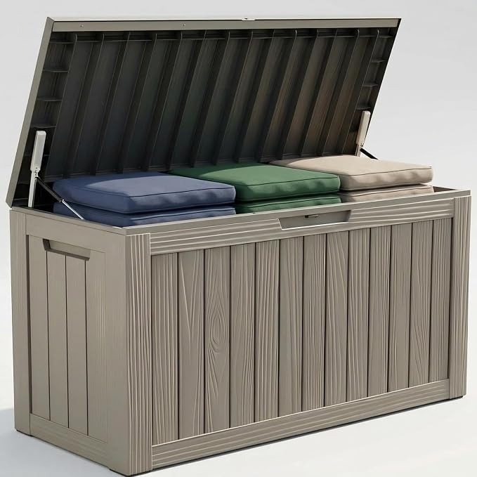 80 Gallon Resin Deck Box, Outdoor Container for Patio Furniture Cushions, Garden Tools, Pool Accessories & Yard Equipment - All-Weather, Lockable, Wood Grain Design