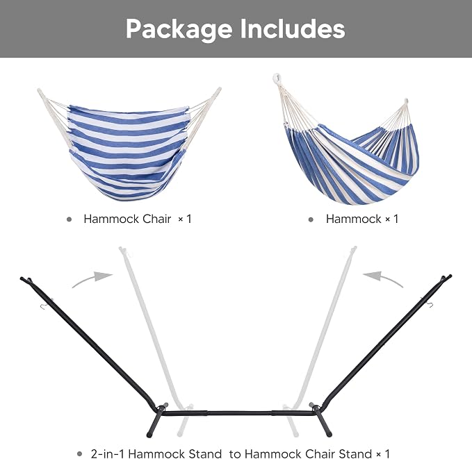 SUNCREAT 2-in-1 Convertible Backyard Fabric Hammock with Stand, Large Hammocks for Outside, Blue White