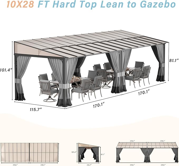 10' x 28' Lean to Gazebo,Large Wall Mount Heavy Duty Gazebos Pavilion,Outdoor Hardtop Pergola Shelter with Curtains and Netting,Sunshade for Patio Garden Lawn Backyard Deck,Grey
