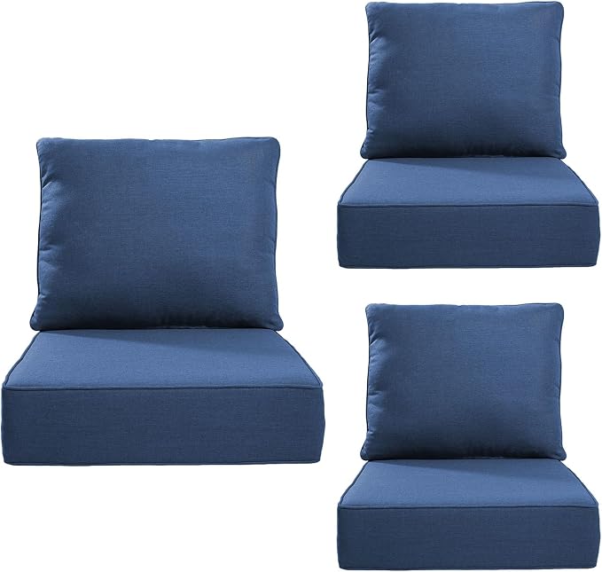 Luxury 24*24*6in Outdoor Patio Cushions, 3 Pieces Navy Blue Outdoor Cushion | 6in Outdoor Patio Cushions, Water-Resistant, Reversible, Removable Cover, for Patio Chairs Sofa Couch Loveseat