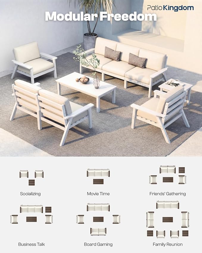 HDPE 7 Piece Patio Furniture Set, HDPE Outdoor Sectional with with Beige Thick Cushions, Coffee Table and Side Table, Patio Conversation Sets for Lawn, Garden, Porch (White Frame)