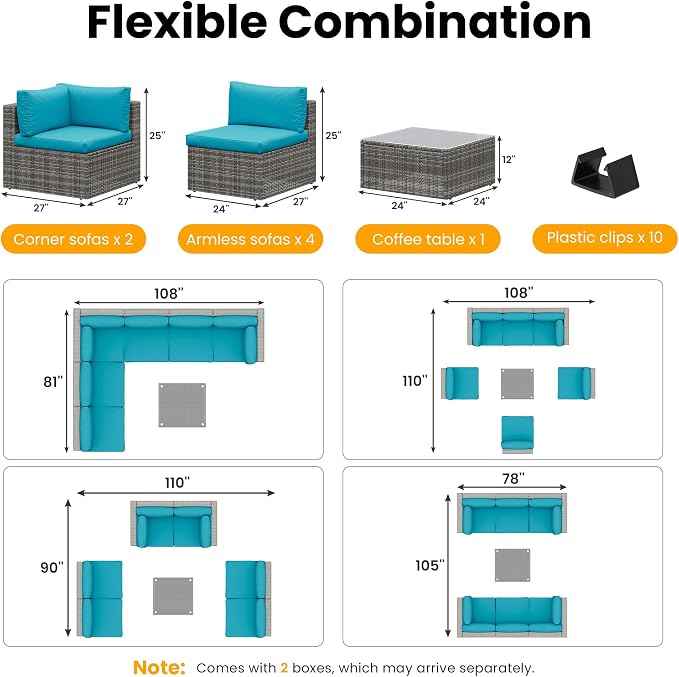 SUNVIVI OUTDOOR 7 Piece Patio Furniture Sets All Weather Grey PE Wicker Couch Sofa with Glass Table, Removable Blue Cushions