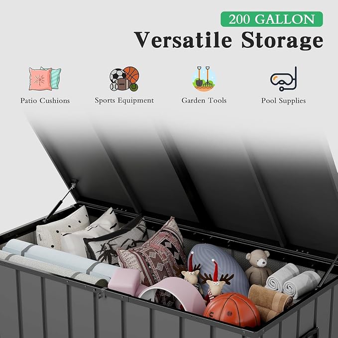 200 Gallon Outdoor Storage Deck Box, Durable Steel Storage Deck Box with Lockable Lids, Large Patio Storage Bin for Indoor Outdoor Use, Throw Pillows & Garden Tools, Dark Gray