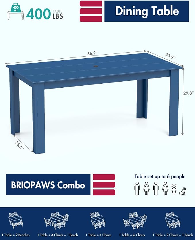 BRIOPAWS Outdoor Dining Table | HDPE | 67” Patio Rectangle Tables | All Weather | Umbrella Hole | Patio Furniture Set for 4-6 Person | Blue
