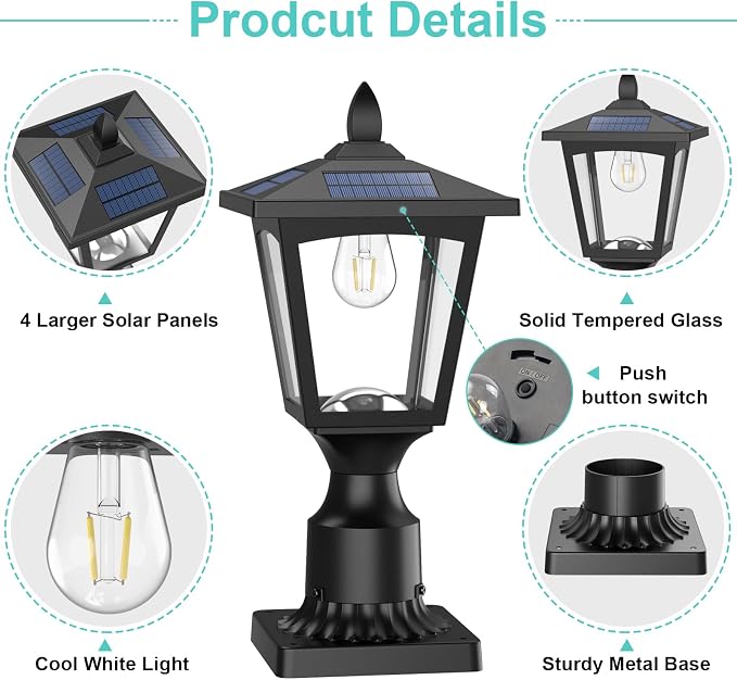Solar Post Lights, 3000K Dusk to Dawn Solar Lamp Post Light with Pier Mount Base, Solar Post Lights Outdoor Waterproof for Garden Yard Landscape Pole Pillar, Outside Decorative Lamp(Warm White)
