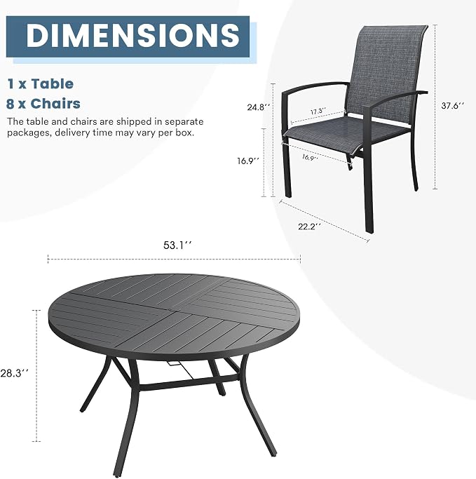 DIFY 9 Pieces Outdoor Dining Set, Metal Patio Table and Chairs Set for 8 with Umbrella Hole, 53.1" Round Dining Table and Textilene Stackable Patio Chairs for Garden Backyard Poolside, Black