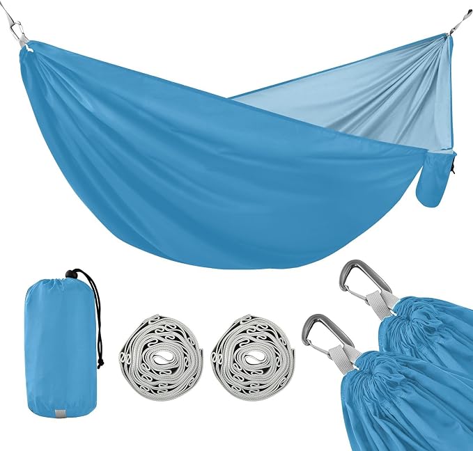 Blue Solid Color Camping Hammock, Portable Lightweight Single Hammock with Tree Straps and Aluminum Carabiners, 114" x 54" Travel Hammock for Hiking Backpacking Beach