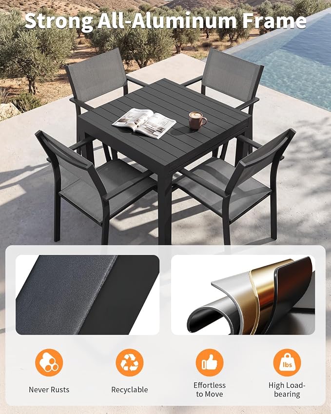 5 Pieces Outdoor Dining Set, Never-Rust Aluminum Expandable Patio Dining Table Set, 32"-65" Extendable Dining Table and Stackable Textilene Dining Chairs for Backyard, Deck, Indoor, Black