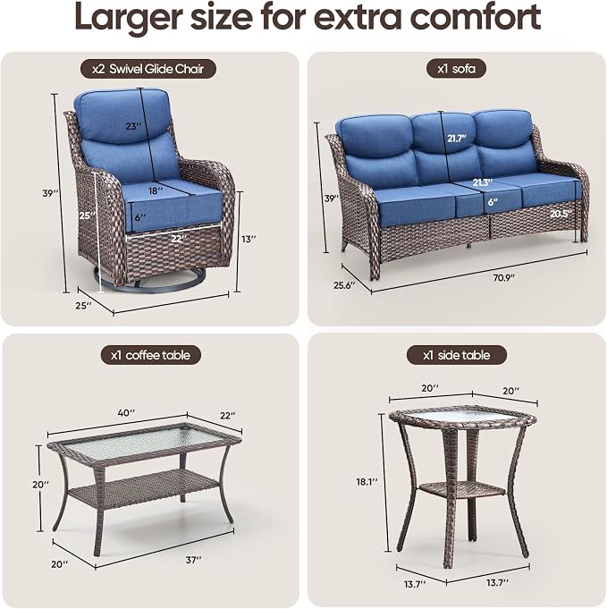 Swivel Patio Chairs sofa Set of 5 with 6" Thick Cushion - Wicker Outdoor Swivel Rocker Patio Chair ,Sofa/Glass coffee table, High Back Comfortable Outdoor Glider Chairs - Brown Wicker | Blue Cushions