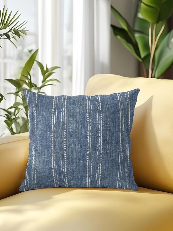 Vandarllin Waterproof Outdoor Pillow 1 Pack Denim Blue Linen Stripes Decorative Throw Pillows Cover & Insert 18x18 Inch Pillowcase Parallel Vertical Lines Pillows for Couch Sofa Bed Patio Furniture