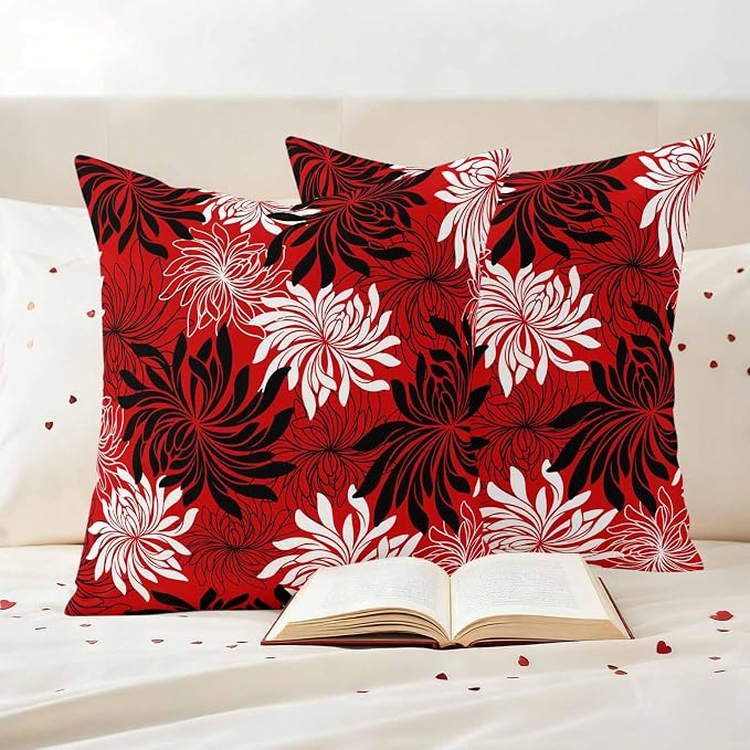 Yukro Red Black Floral Outdoor Waterproof Pillow Covers Pack of 2, Vintage White Black Flower Red Decorative Throw Pillowcases Cushion Covers for Garden Patio Tent Sofa Couch, 20x20 inch