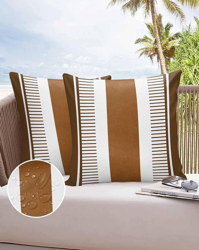 Outdoor Waterproof Throw Pillow Covers 24x24in, Boho Brown Farmhouse Cushions for Garden Patio Furniture Chairs Set of 2, Stripes and Leather Texture Home Decor Couch Sofa Polyester Pillow Cases