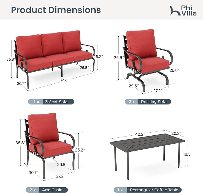 PHI VILLA Patio Furniture Set, 3-Seater Sofa, 2 Fixed Chairs, 2 Rocking Chairs and a Coffee Table, Outdoor Metal Conversation Set with 5.75" Extra Thick Cushion for Garden Backyard Deck, Red