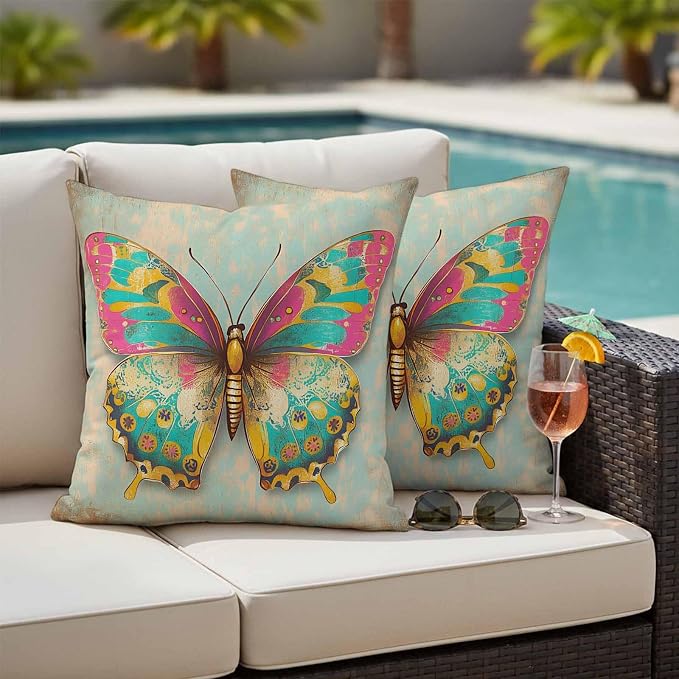 Watercolor Butterfly Outdoor Waterproof Throw Pillow Covers Set of 2, 18"x18", Corlorful Vintage Texture Decorative Pillow Covers Outside Cushion Case for Patio Porch Garden