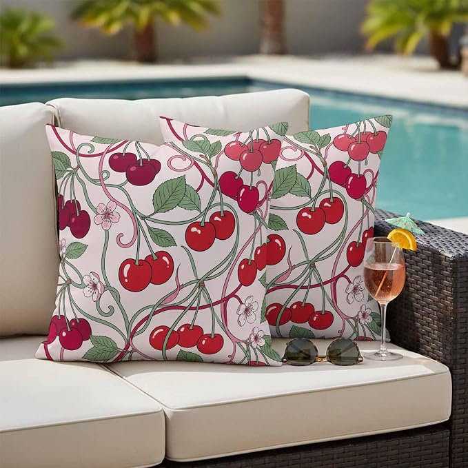 Red Cherry Outdoor Pillow Covers 26"x26" Set of 2, Vintage Red Cherry Pink Floral Vines Pink Waterproof Throw Pillow Covers for Patio Furniture, Decorative Cushion Covers for Porch