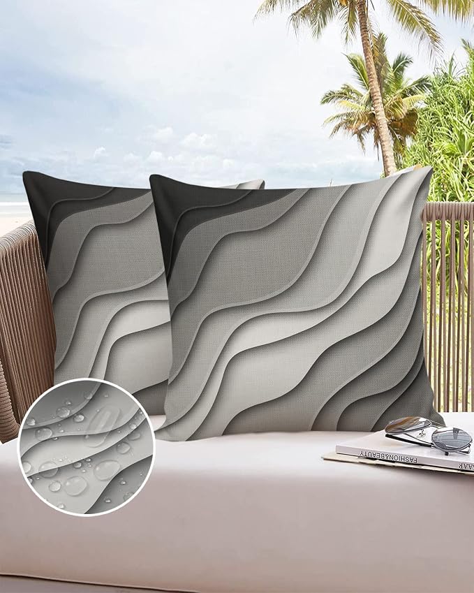 Modern Geometric Outdoor Waterproof Pillow Covers for Patio Furniture Gray Decorative Throw Pillow Cover Abstract Beach Pillowcases Set of 2 Cushion Case for Sofa Couch Chair Home Decor 24 x 24 Inches