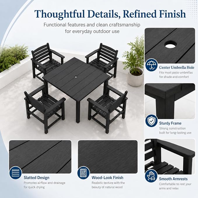 HDPE Outdoor Dining Set for 4, Square Table & Chairs Set | • All-Weather Polywood Composite • 410 lbs Heavy-Duty Support • Built-In 2" Umbrella Hole • Easy Soap-Water Wash