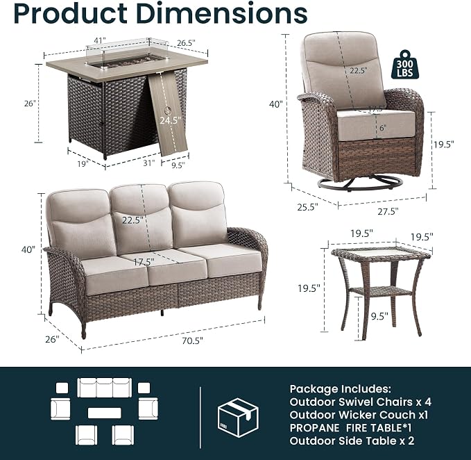 High Back Luxury Patio Furniture Set with 41"Fire Pit Table, 6-Inch Cushion Swivel Rocker Patio Chairs Set of 4 with Outdoor Couch, 8 Piece Wicker Conversation Set for Deck Yard Garden Balcony