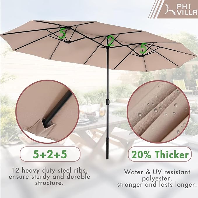 PHI VILLA 7 Piece Patio Dining Set, Rectangular Metal Table | Metal chairs, Fixed Chair, 13ft Large Beige Umbrella, 1.57" umbrella hole, Cushions, powder-coated