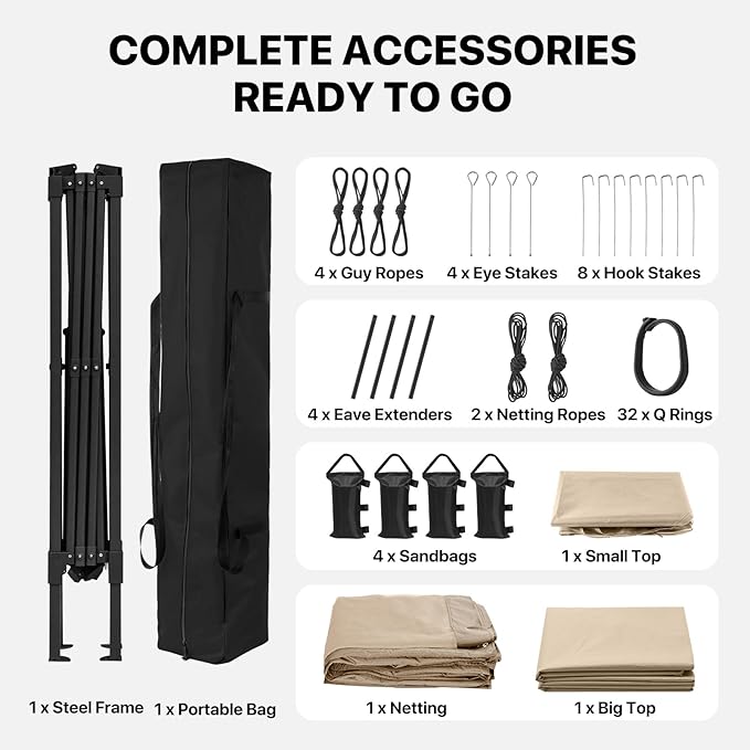 COOS BAY 11x11 Pop Up Gazebo with Mesh Netting, Instant Outdoor Canopy Tent, Water Resistant Shelter with UPF 50+ UV Protection, 121 Sq Ft Coverage, Khaki