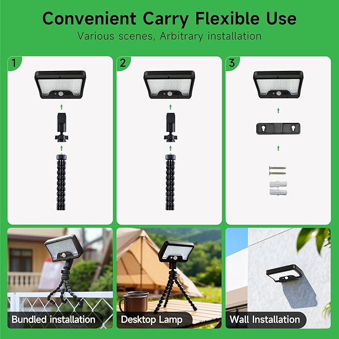 Solar Motion Lights - with Flexible Tripod 3-Color Mode lamp, 92 LEDs 600LM Lights with 2700K/5000K/7000K Adjustable Hightlight, Security Lights for Fence, Deck, Gutter (4-Pack