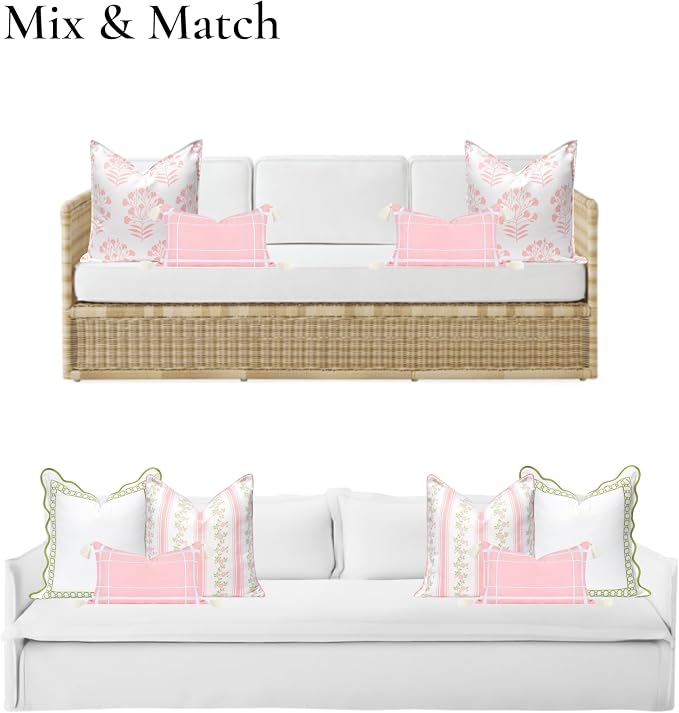 Hofdeco Premium Coastal Patio Indoor Outdoor Lumbar Pillow Cover Only, 12"x20" Water Repellent for Backyard, Couch, Blush Pink Embroidered Line Frame