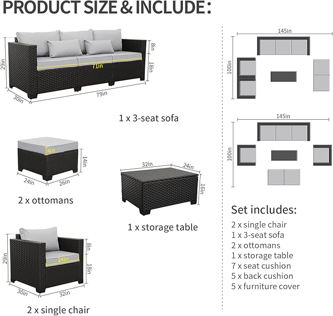 Rattaner Patio Wicker Furniture Set 6 Pieces Outdoor HDPE Wicker Conversation Couch Sectional Chair Sofa Set with Grey Cushions