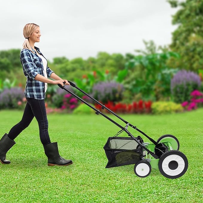 16 inch Push Reel Lawn Mower with Grass Catcher Green Black Lawn Sweeper with Collection Box Adjustable Height Manual Push Lawn Mower 5-Blade Lawnmower for Gardens Lawns (16" Green Black)
