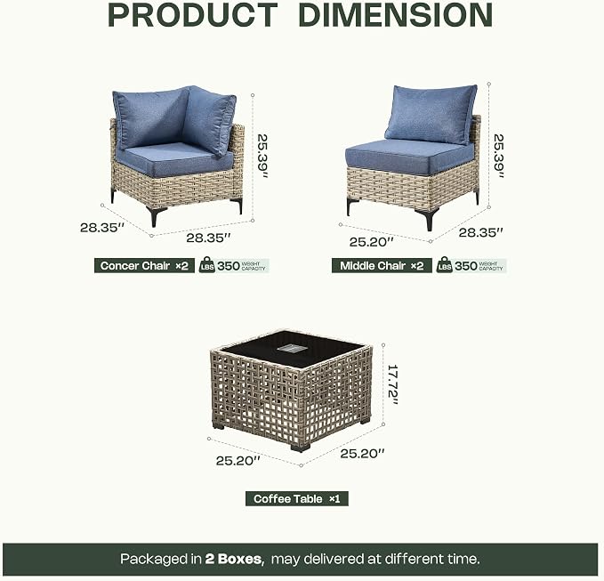 5 Piece Outdoor Sectional Patio Furniture Set with Solar Lighted Coffee Table, Modular Wicker Conversation Set with Flexible L-Shaped Layout for Porch Balcony Backyard, Denim Blue