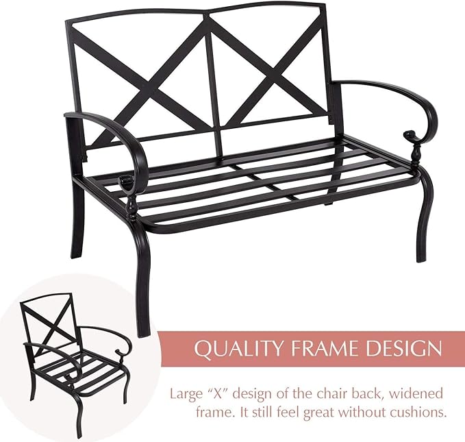 5Pcs Patio Conversation Set Outdoor Wrought Iron Furniture Set with 1 Glider,1 Loveseat, 2 Single Chairs, and Coffee Table, for Courtyard, Garden, Backyard(Brown)