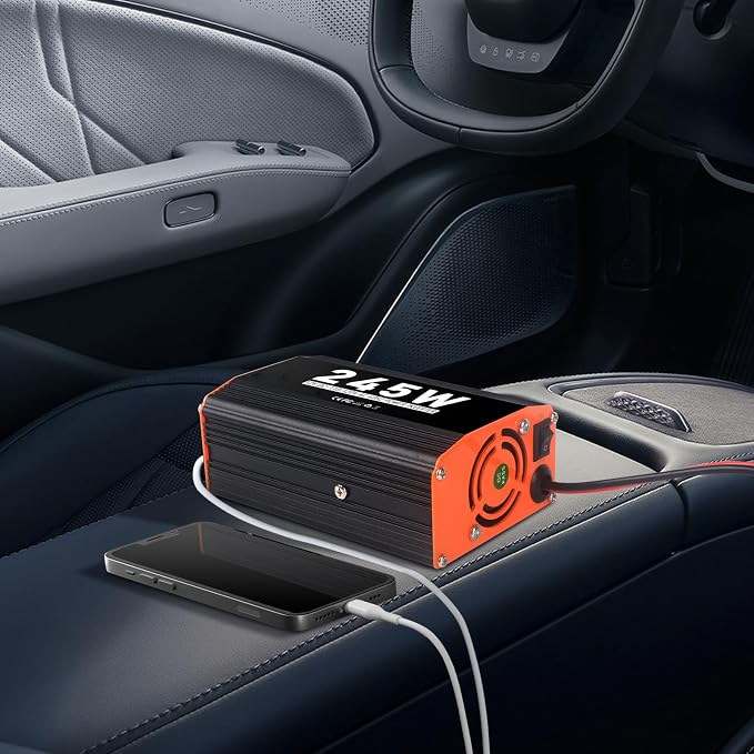 245W Car Power Inverter 12V AC to 110V/120V DC Converter Peak Power 490W Indoor & Outdoor Use with 2 AC Outlets & 2 USB Ports Car Laptop Charger Car Adapter