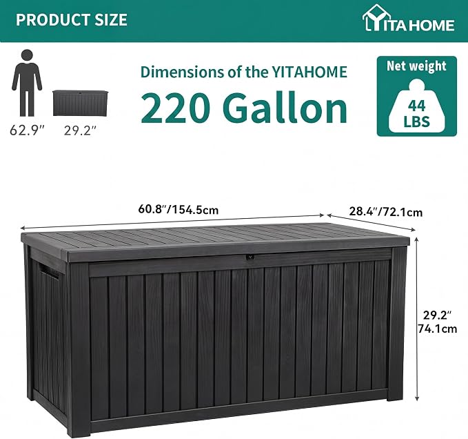 YITAHOME 220 Gallon Large Outdoor Storage XL Deck Box w/Divider for Patio Furniture,Outdoor Cushions, Garden Tools, Sports Equipment and Pool Supplies, Waterproof, Resin, Lockable, Black